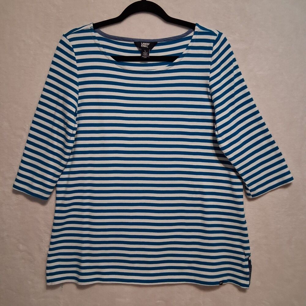 Lands' End L Top Teal Blue Striped 1/2 Sleeve Pima Cotton Jersey Knit Coastal